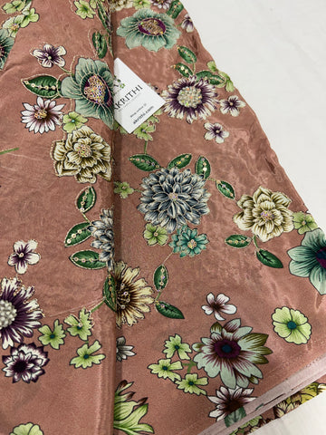 Digital floral printed pure crepe fabric with embroidery