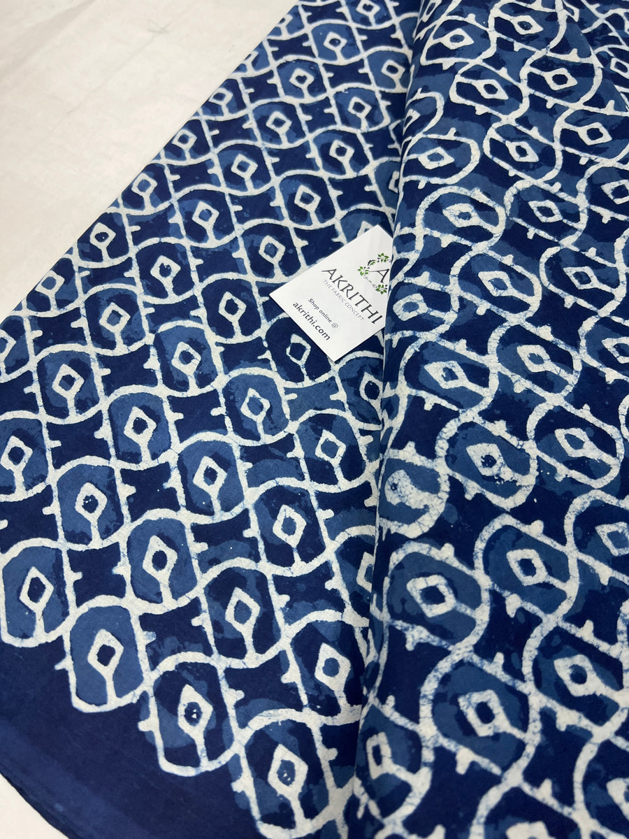 Indigo hand block printed pure cotton fabric