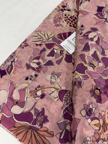 Digital floral printed pure crepe fabric with embroidery