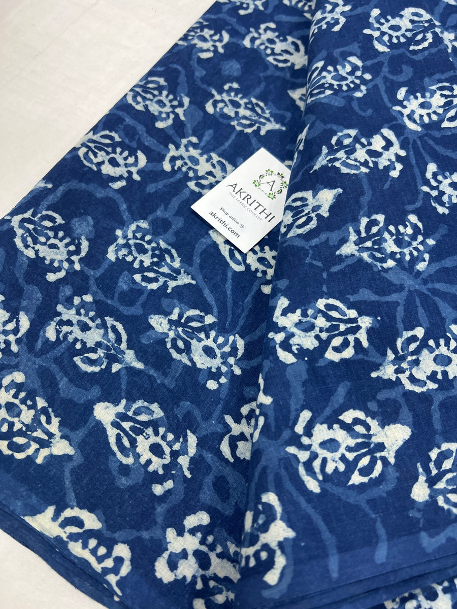 Indigo hand block printed pure cotton fabric