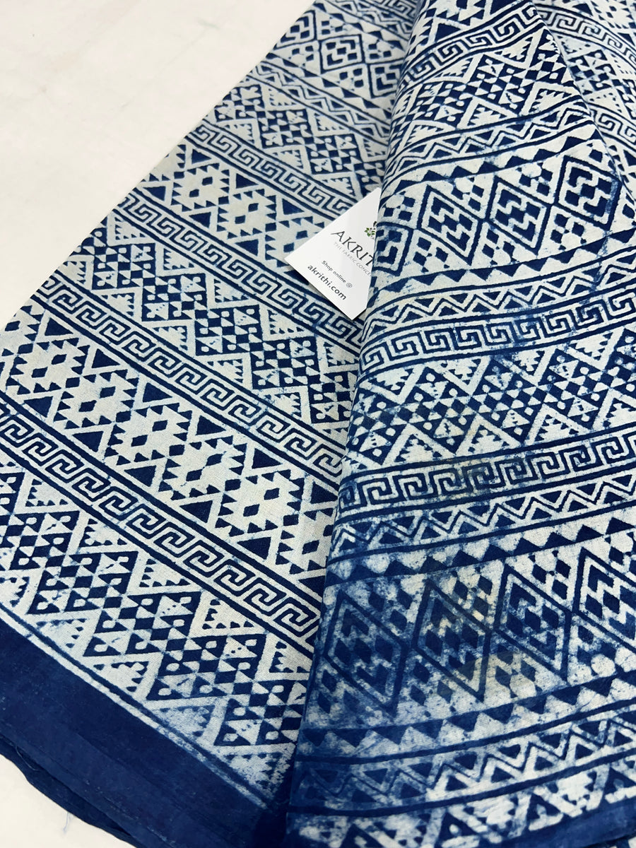 Indigo hand block printed pure cotton fabric