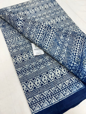 Indigo hand block printed pure cotton fabric