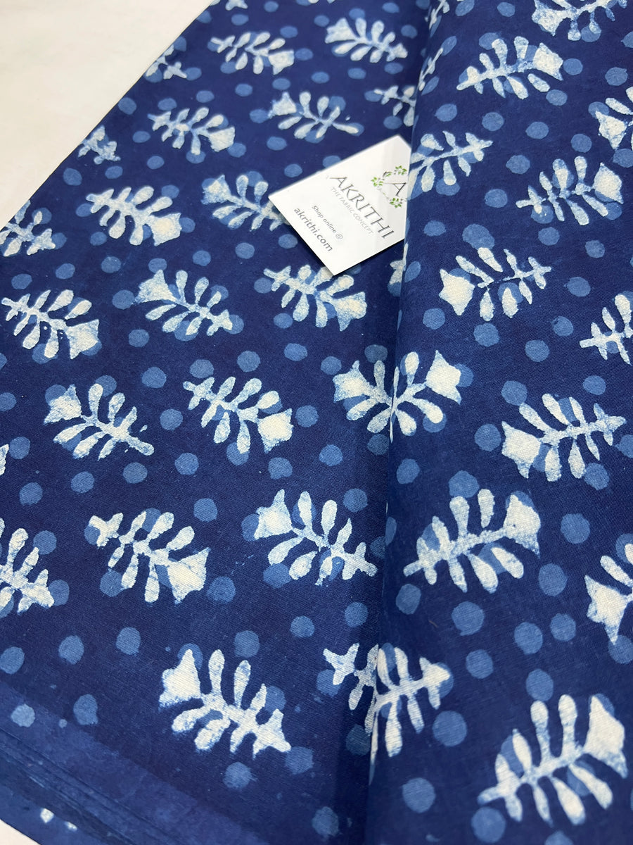 Indigo hand block printed pure cotton fabric