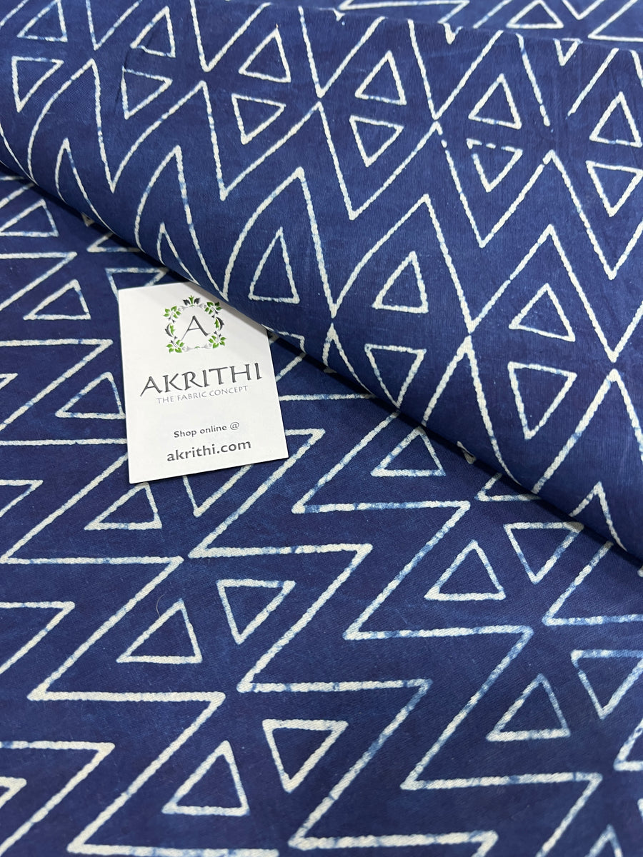 Indigo hand block printed pure cotton fabric