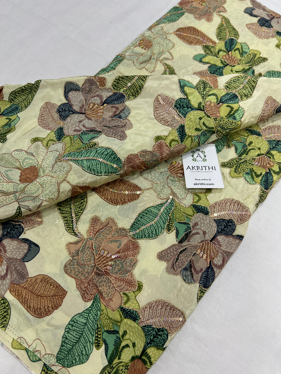 Digital floral printed pure crepe fabric with embroidery