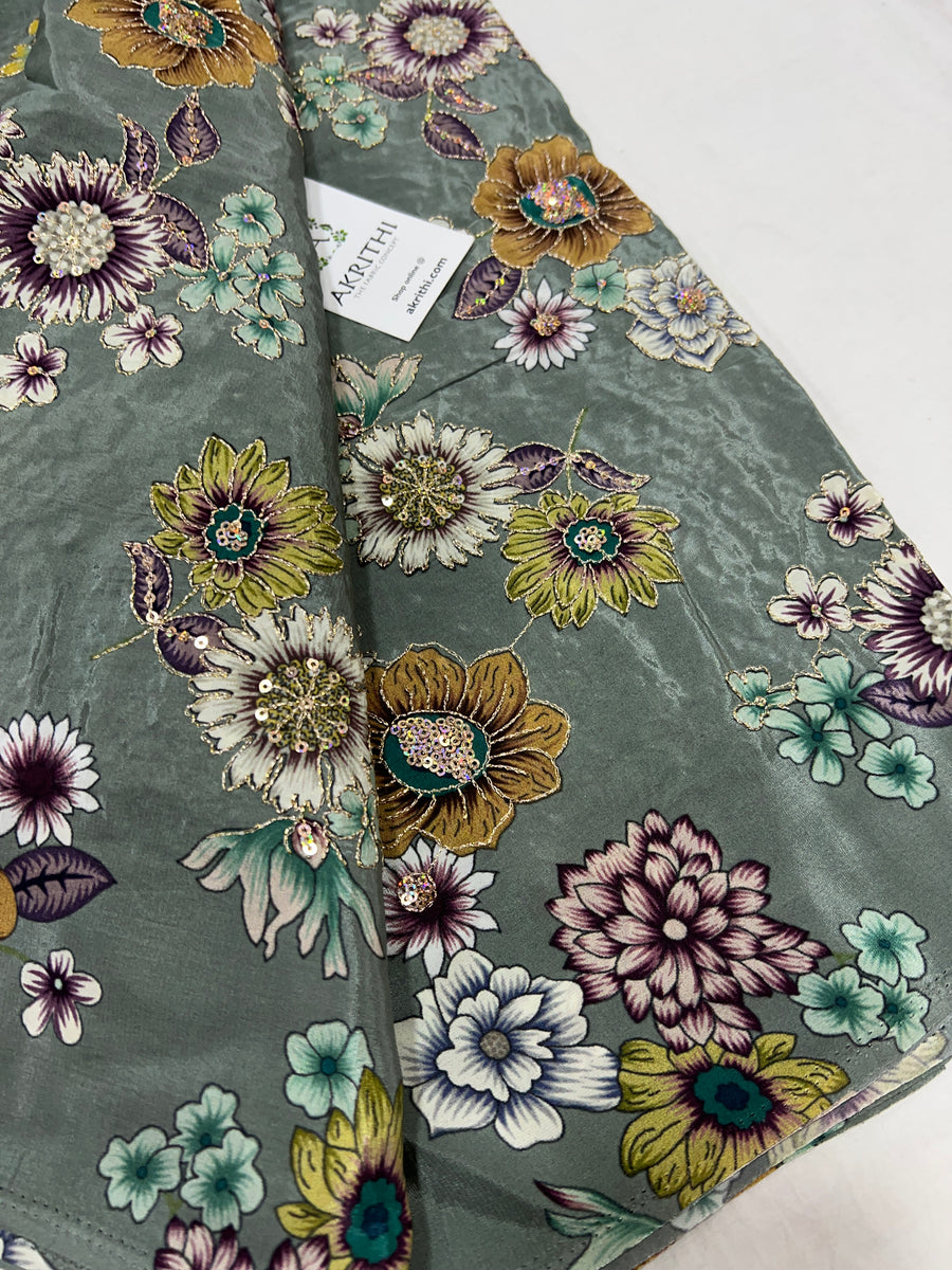 Digital floral printed pure crepe fabric with embroidery