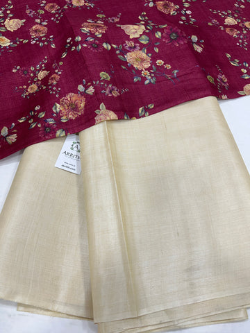 Pure tussar silk saree with printed tussar blouse