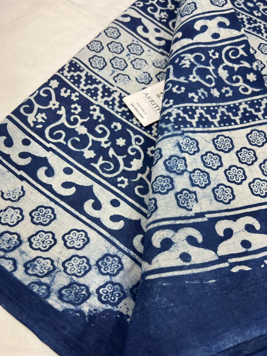 Indigo hand block printed pure cotton fabric