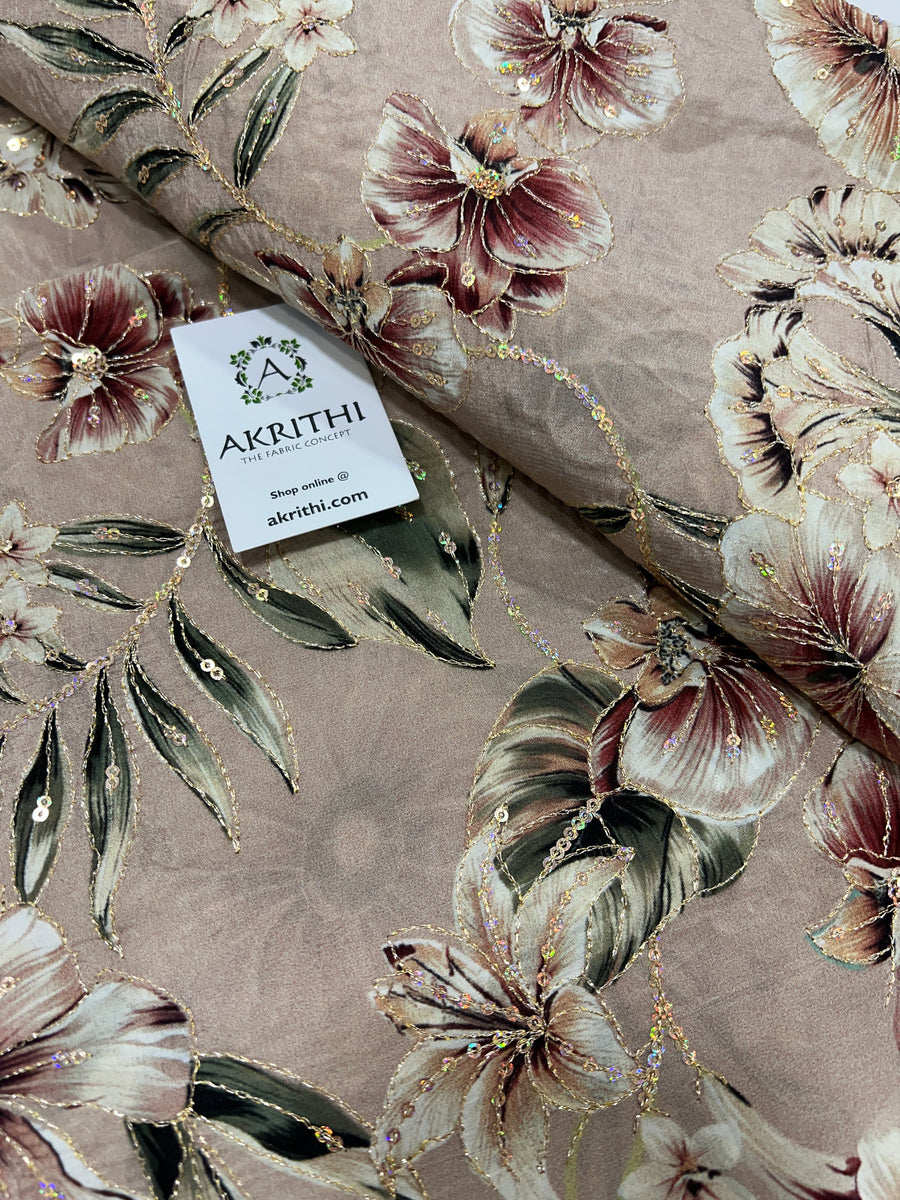 Digital floral printed pure crepe fabric with embroidery