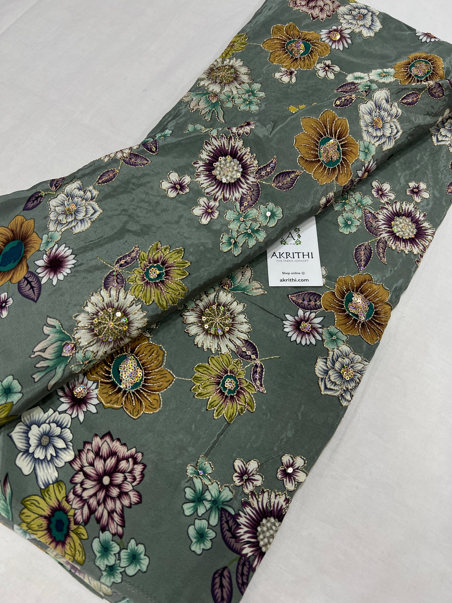 Digital floral printed pure crepe fabric with embroidery