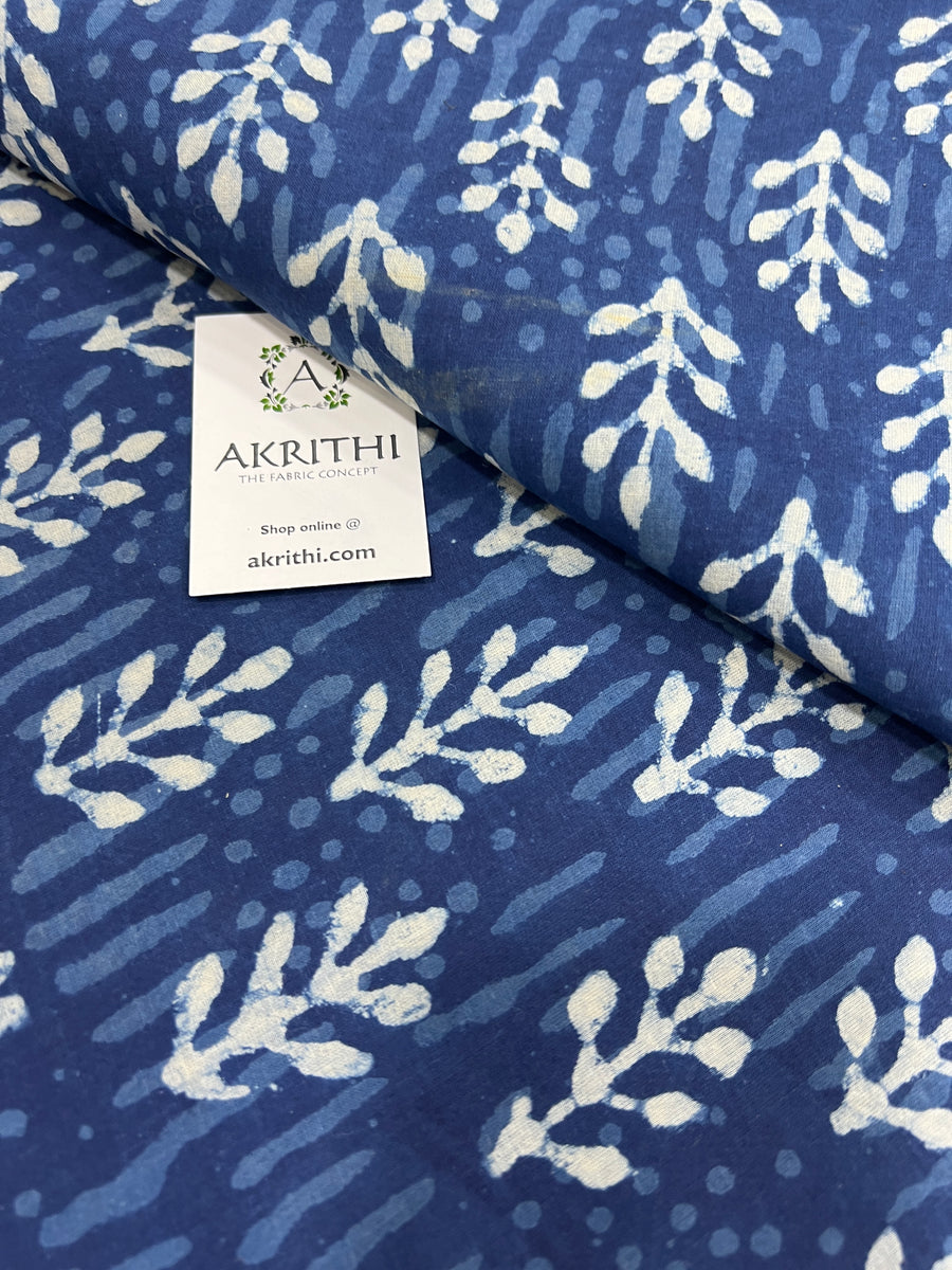 Indigo hand block printed pure cotton fabric