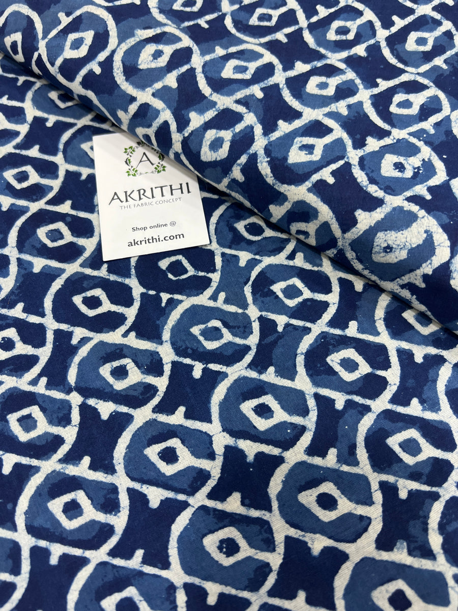 Indigo hand block printed pure cotton fabric