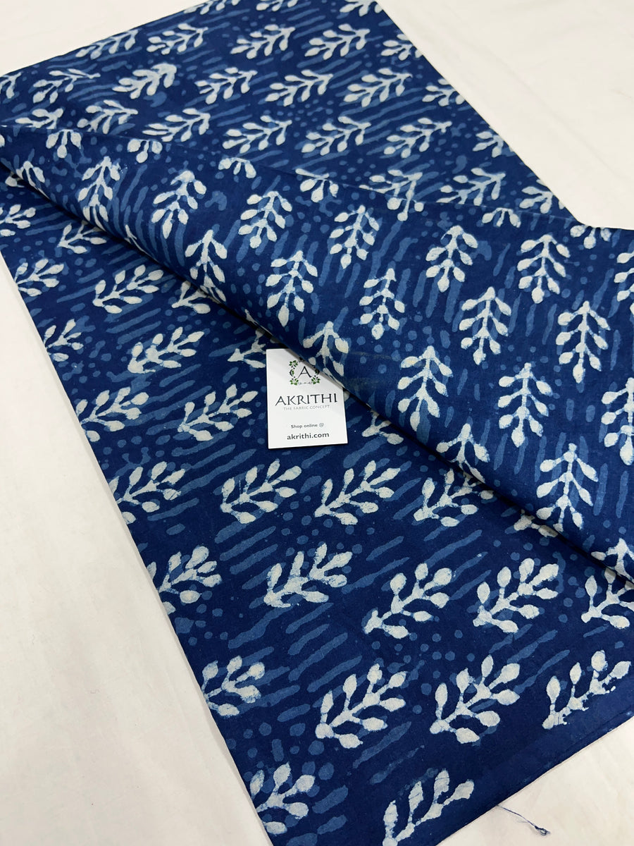 Indigo hand block printed pure cotton fabric