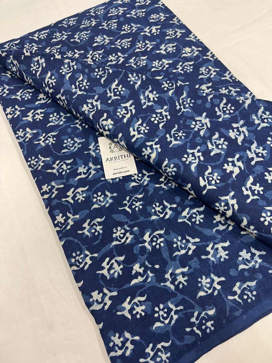 Indigo hand block printed pure cotton fabric