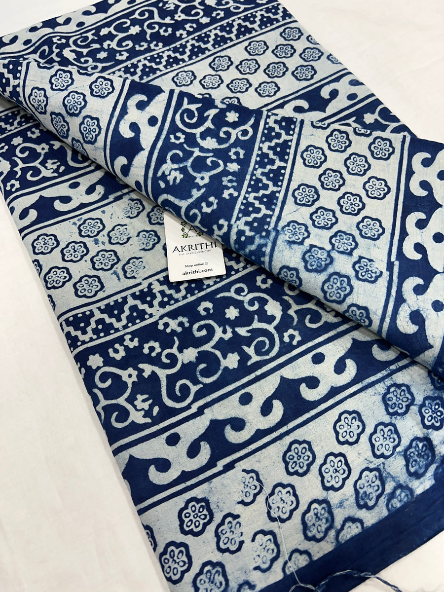 Indigo hand block printed pure cotton fabric