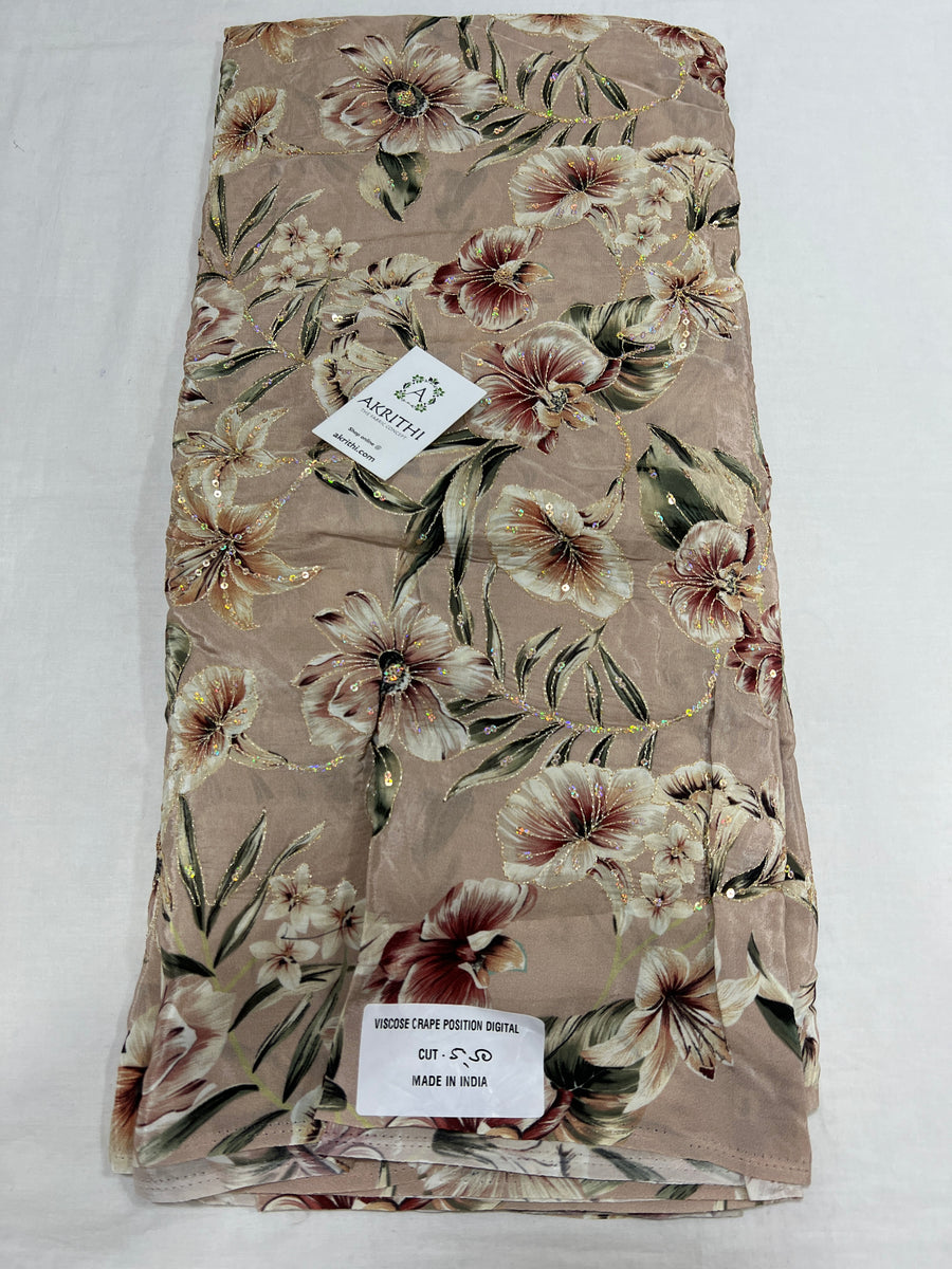 Digital floral printed pure crepe fabric with embroidery