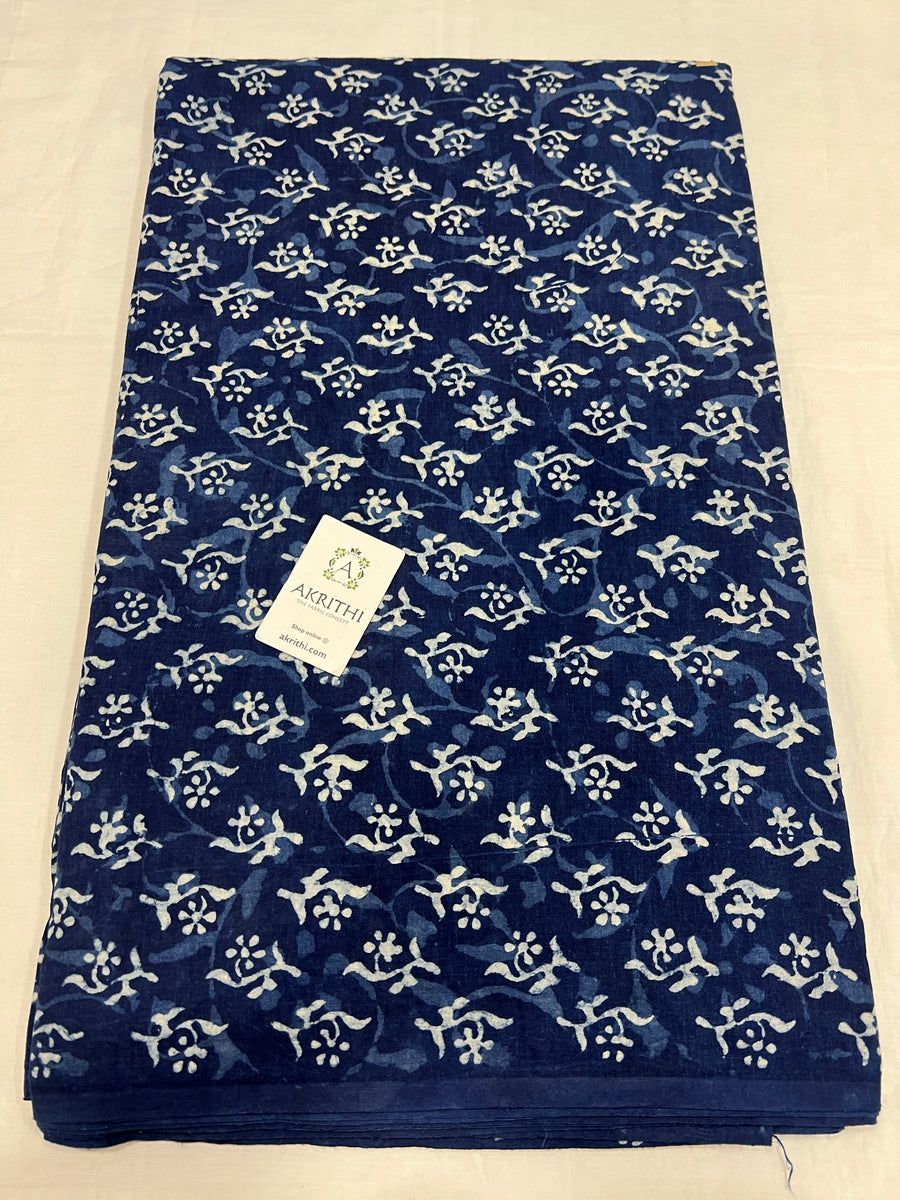 Indigo hand block printed pure cotton fabric