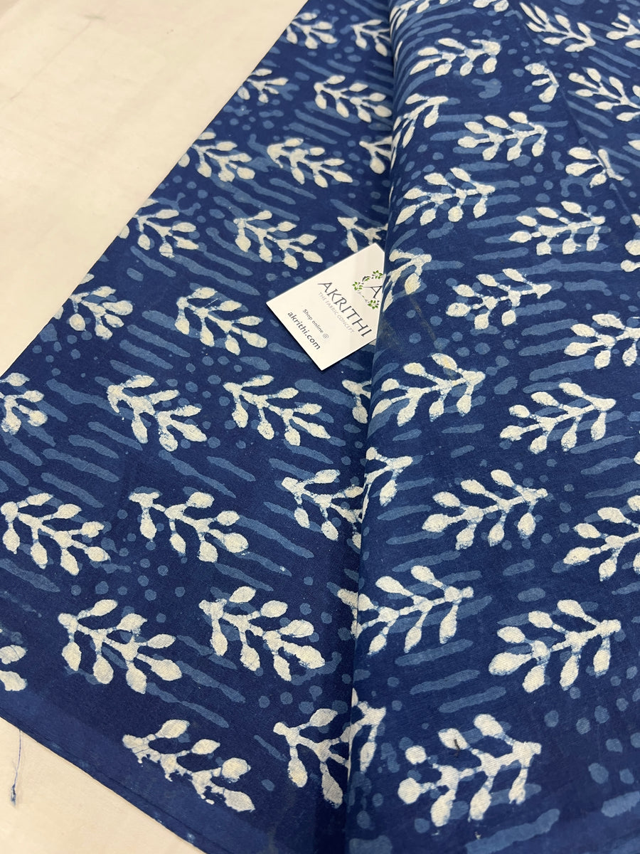 Indigo hand block printed pure cotton fabric