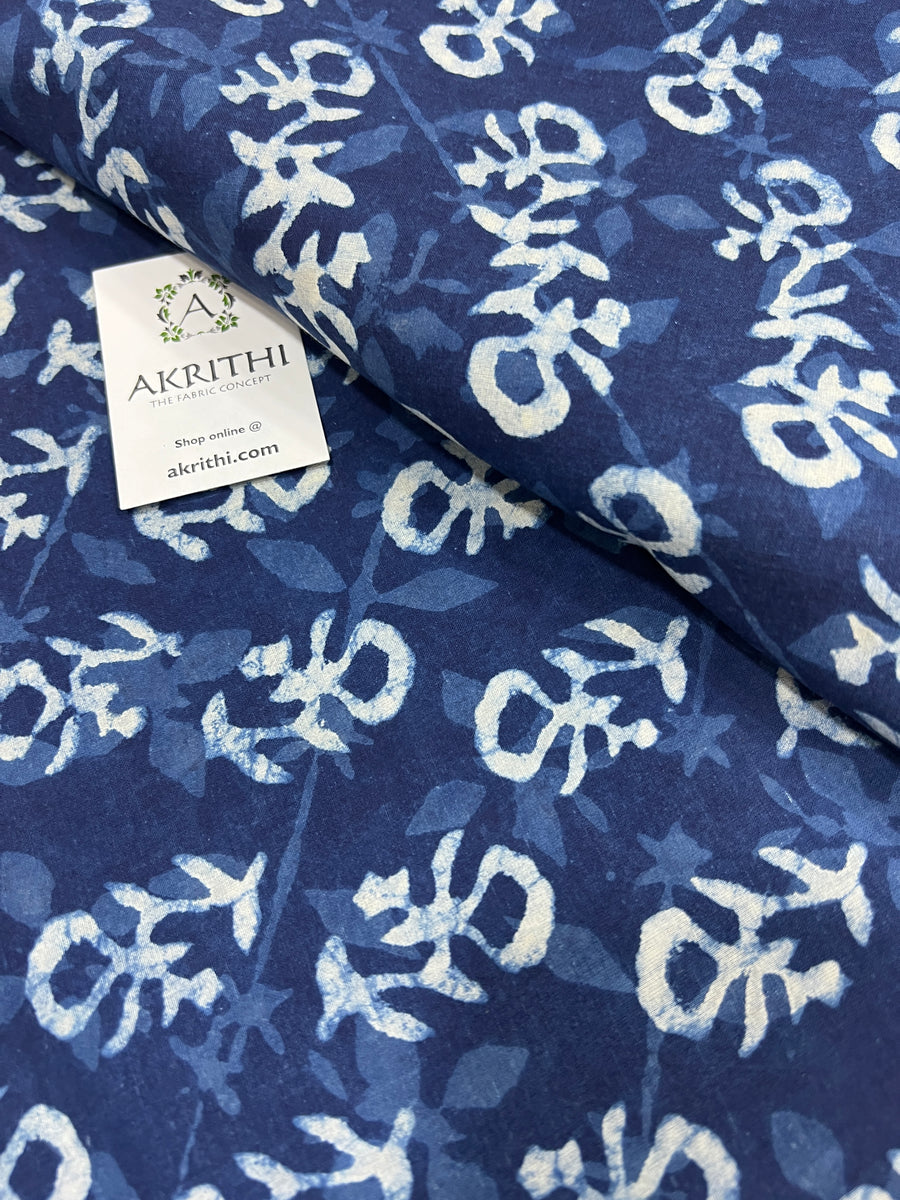 Indigo hand block printed pure cotton fabric