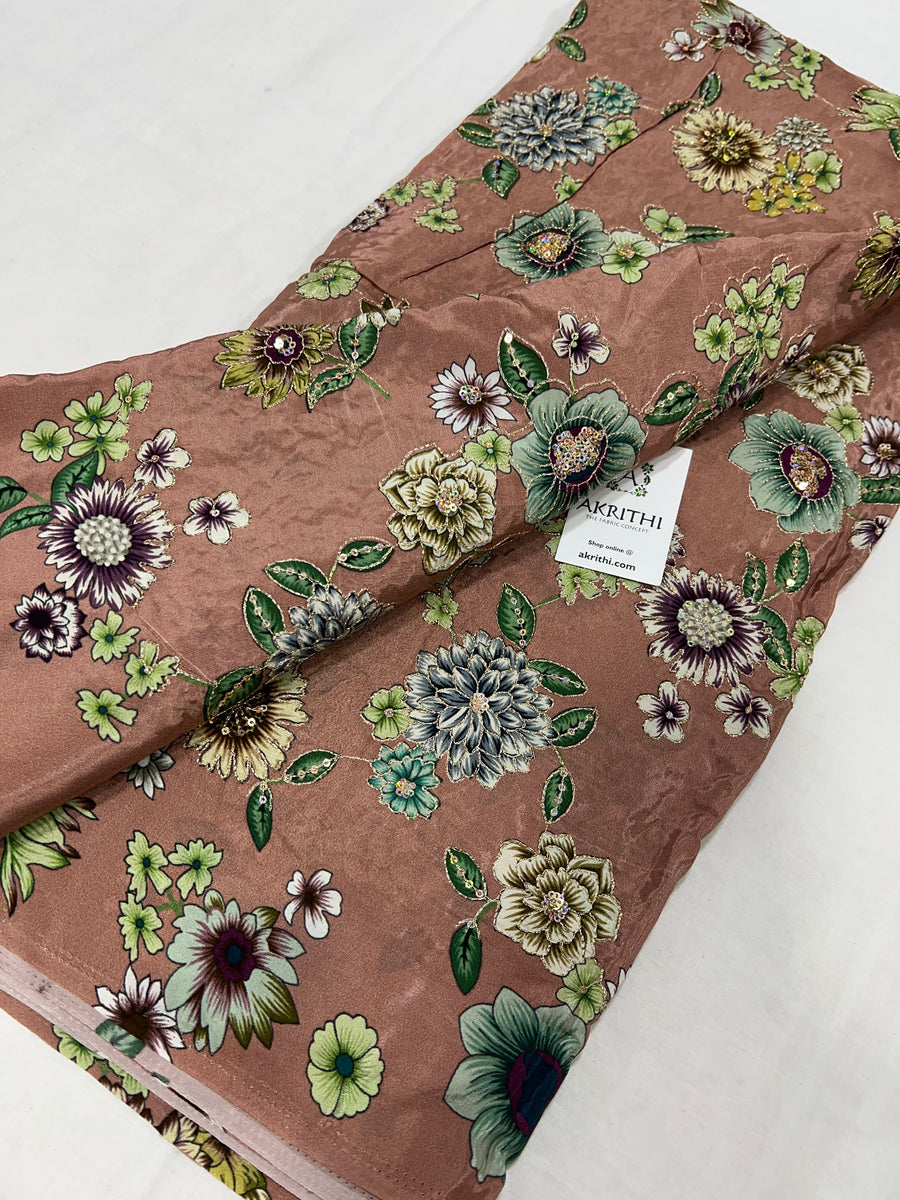 Digital floral printed pure crepe fabric with embroidery