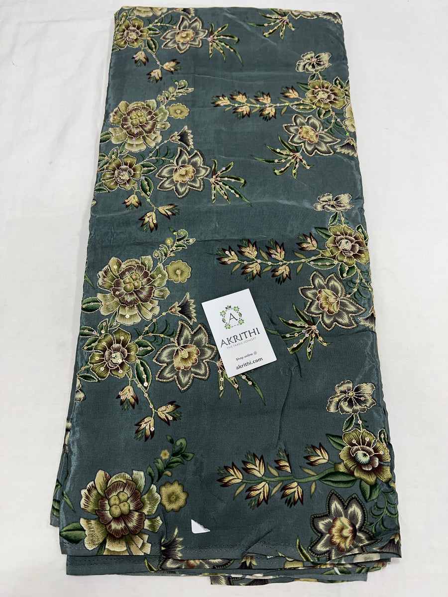 Digital floral printed pure crepe fabric with embroidery