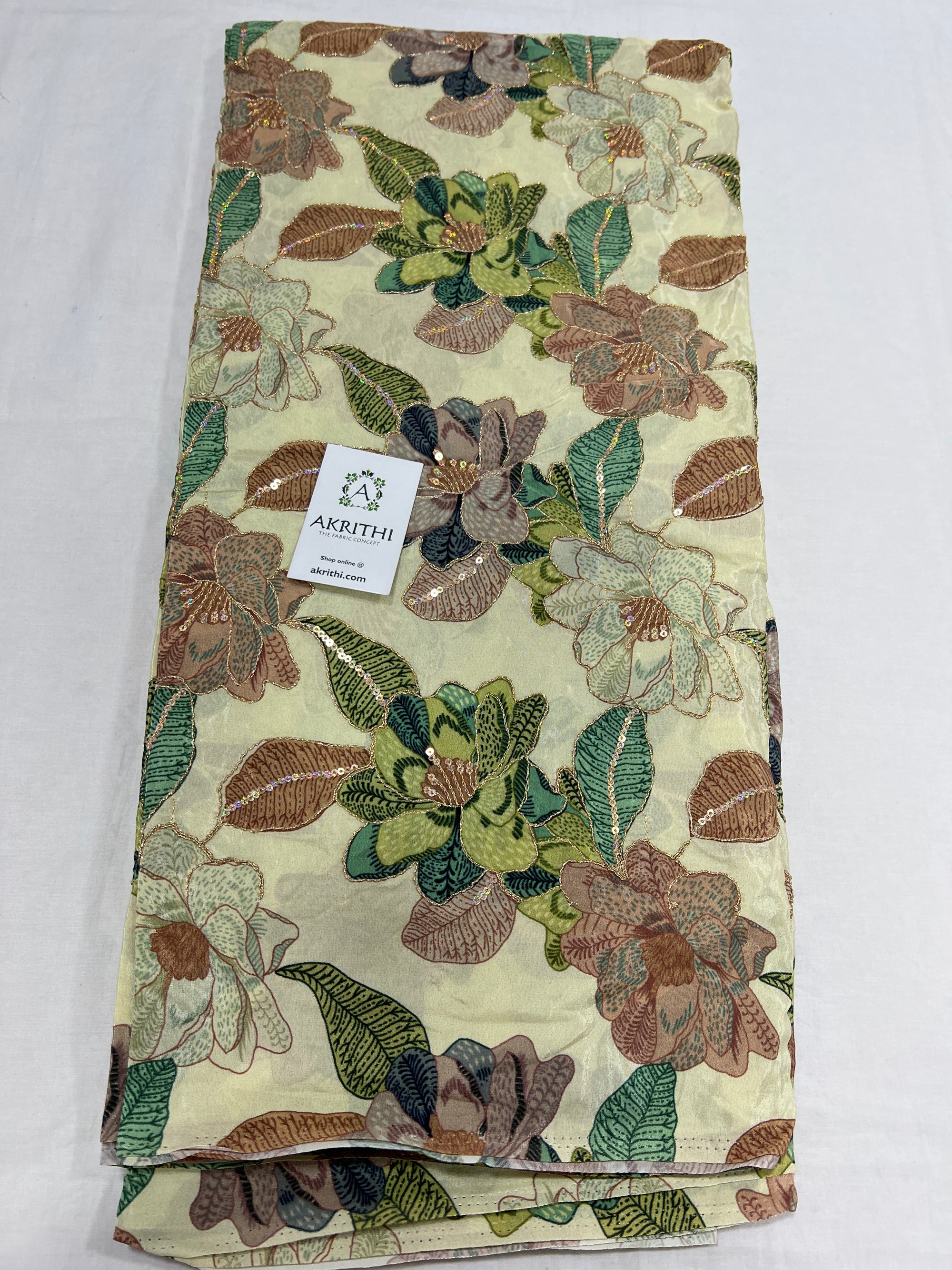 Digital floral printed pure crepe fabric with embroidery