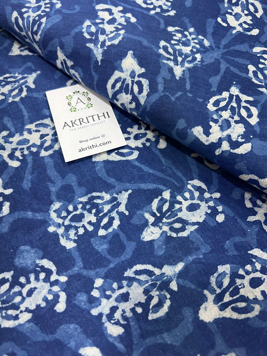 Indigo hand block printed pure cotton fabric