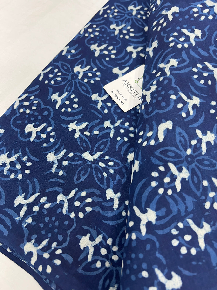 Indigo hand block printed pure cotton fabric