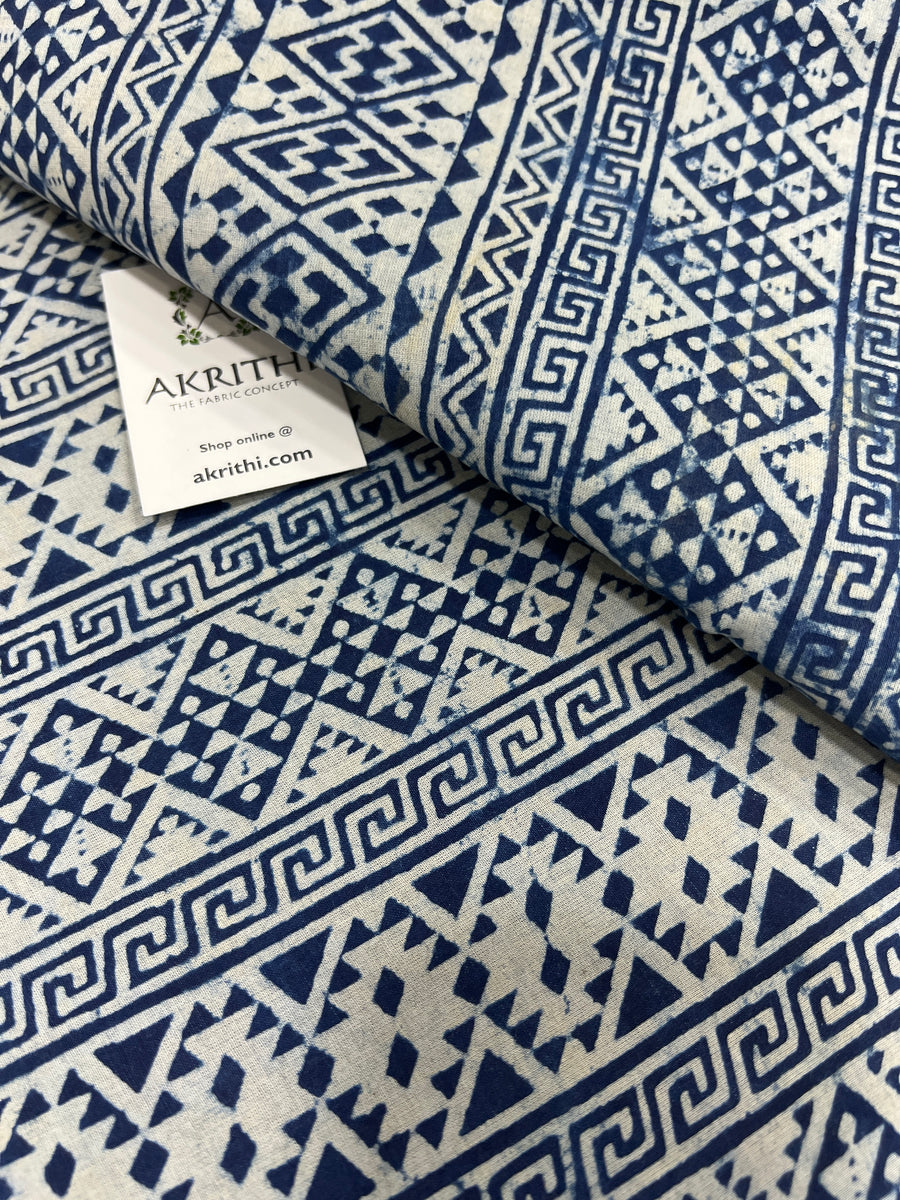 Indigo hand block printed pure cotton fabric