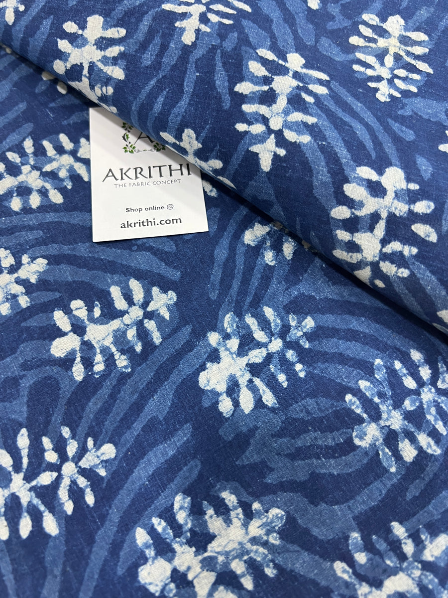 Indigo hand block printed pure cotton fabric