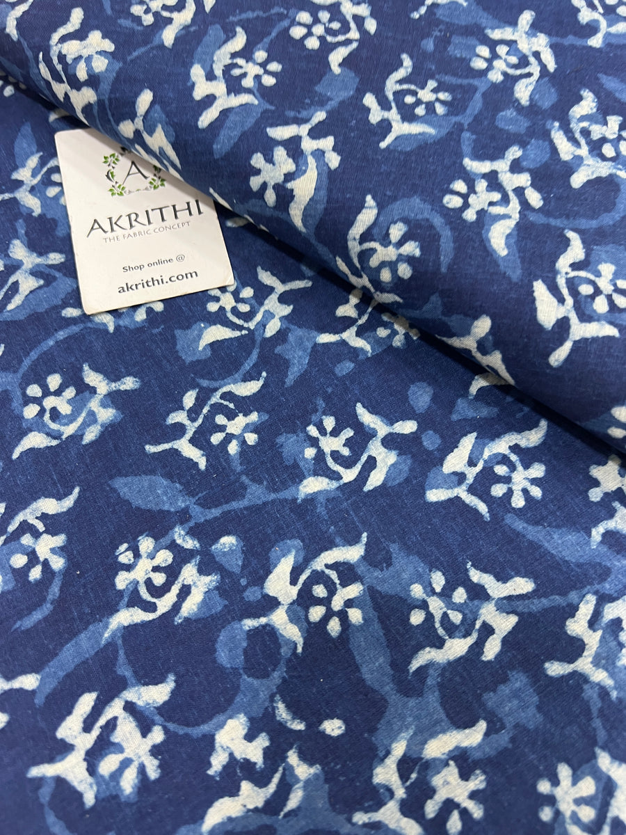 Indigo hand block printed pure cotton fabric