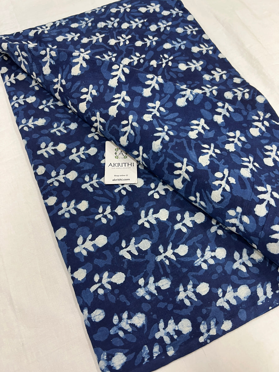 Indigo hand block printed pure cotton fabric