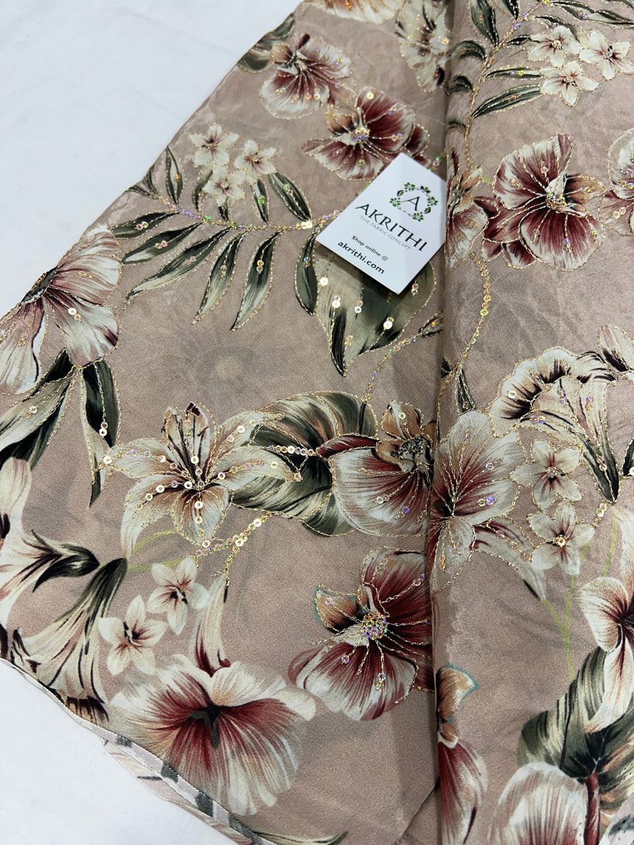 Digital floral printed pure crepe fabric with embroidery