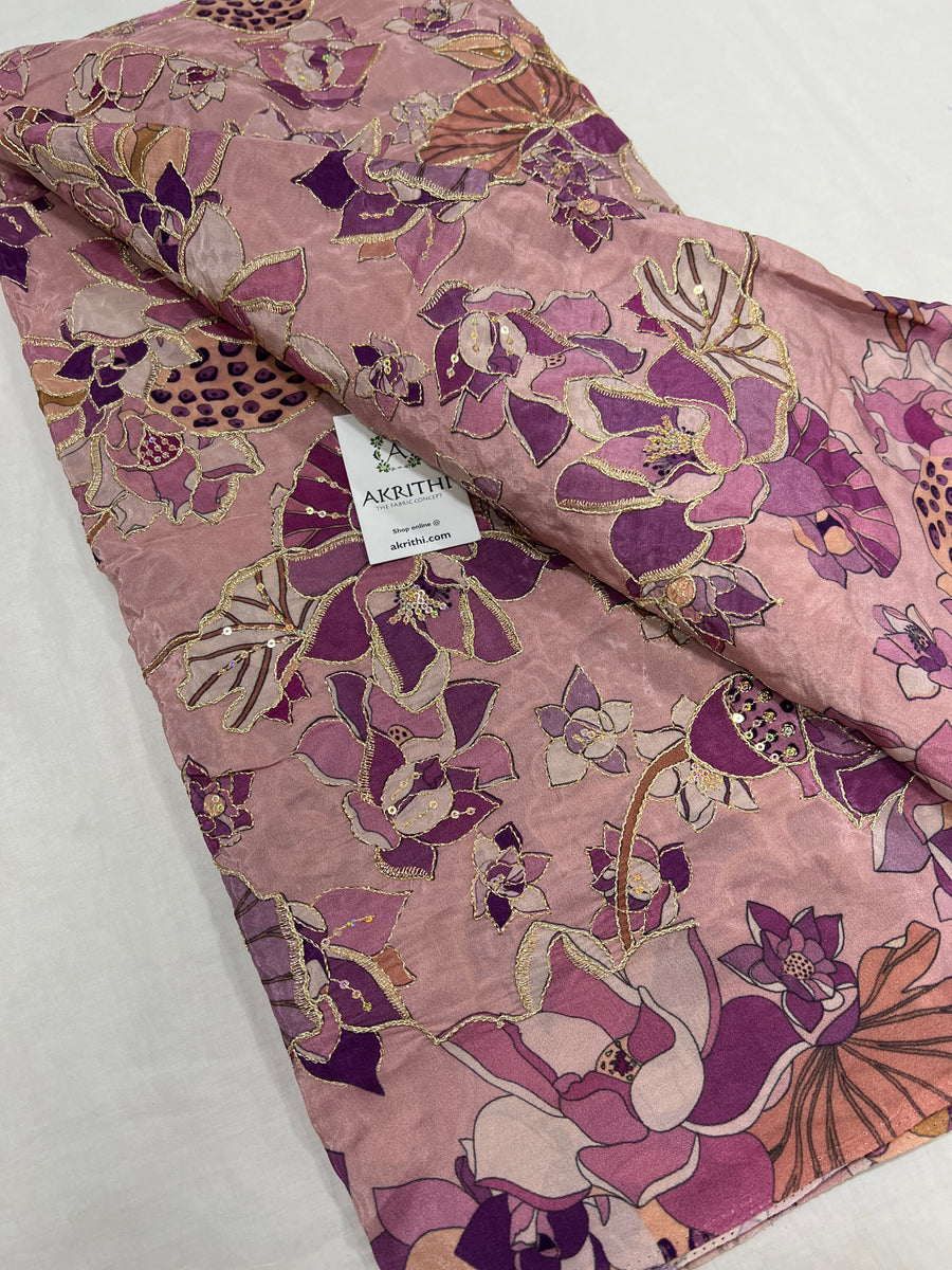 Digital floral printed pure crepe fabric with embroidery