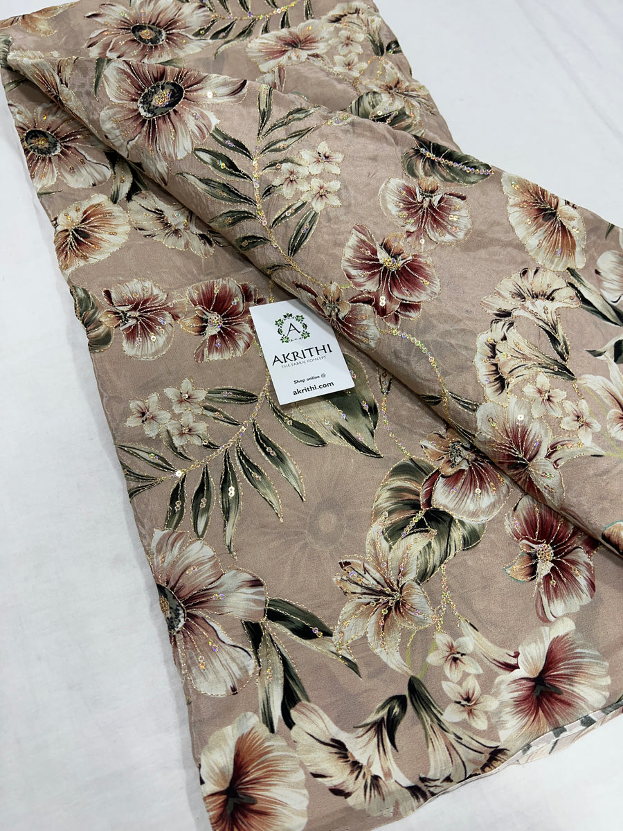 Digital floral printed pure crepe fabric with embroidery