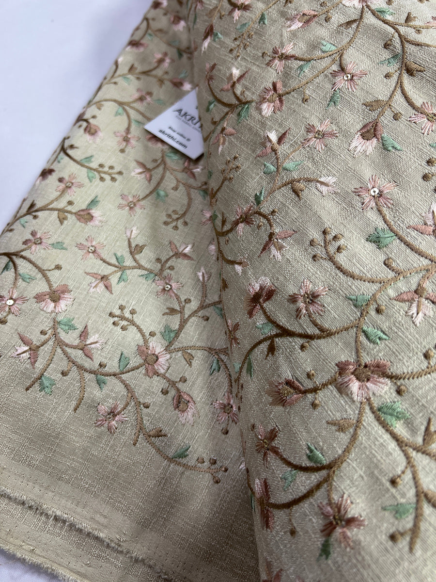 Embroidery on beige raw silk fabric 80 cms cut