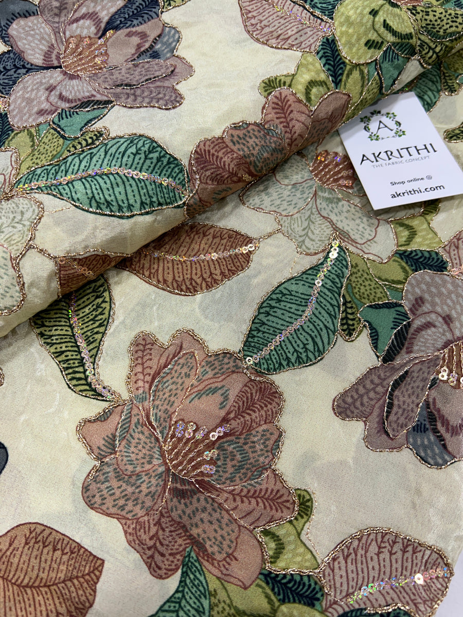 Digital floral printed pure crepe fabric with embroidery