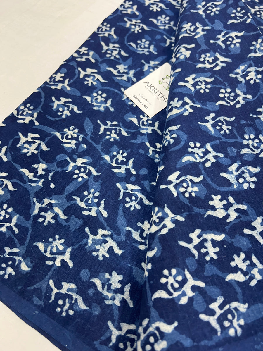 Indigo hand block printed pure cotton fabric