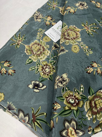 Digital floral printed pure crepe fabric with embroidery