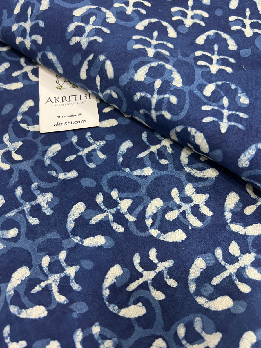 Indigo hand block printed pure cotton fabric