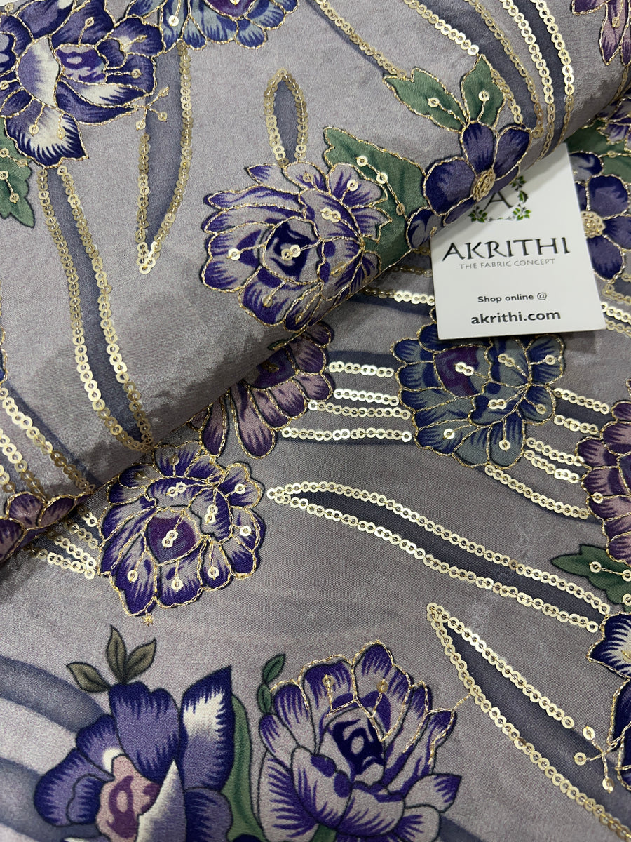 Digital floral printed pure crepe fabric with embroidery