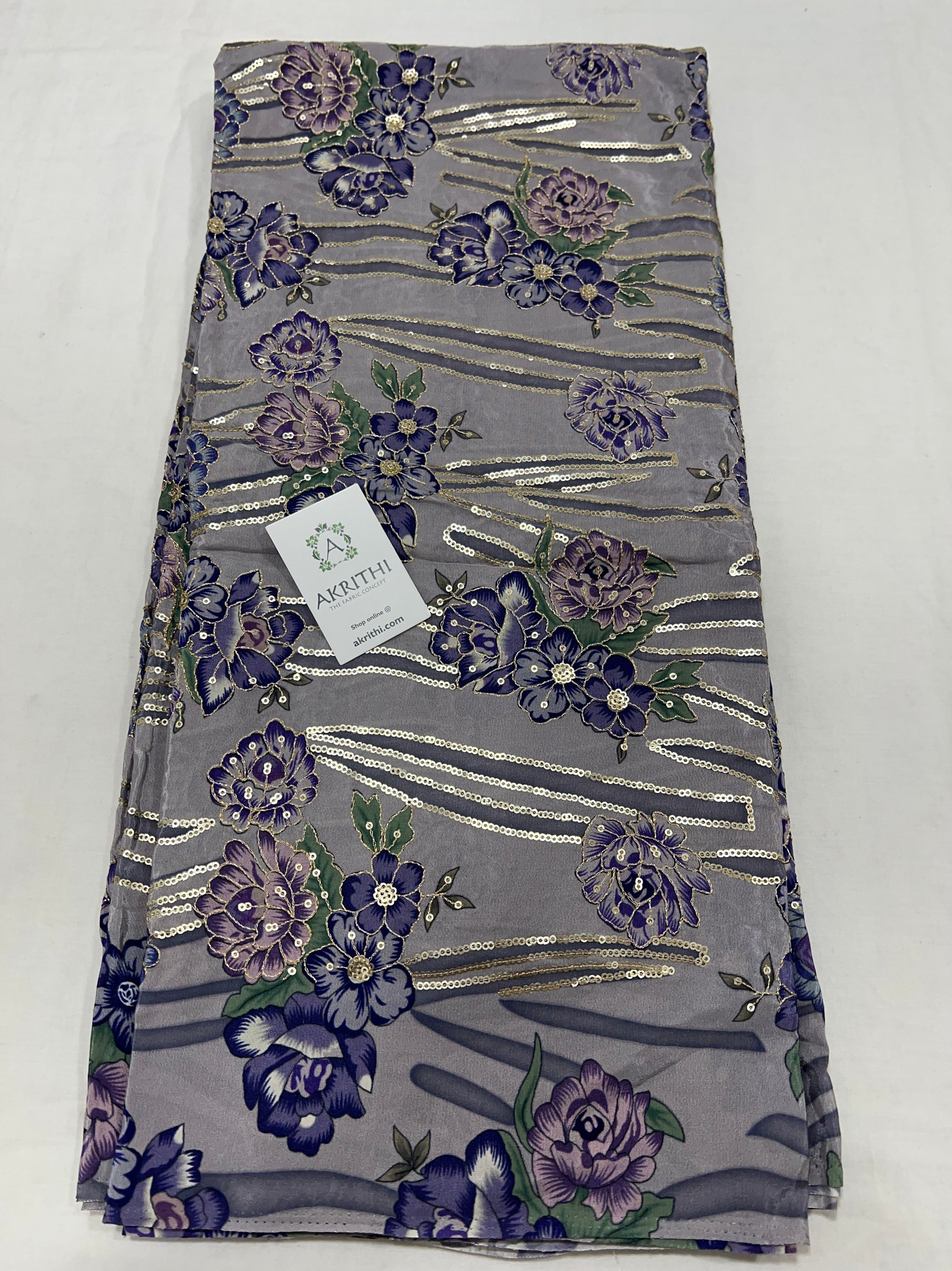 Digital floral printed pure crepe fabric with embroidery