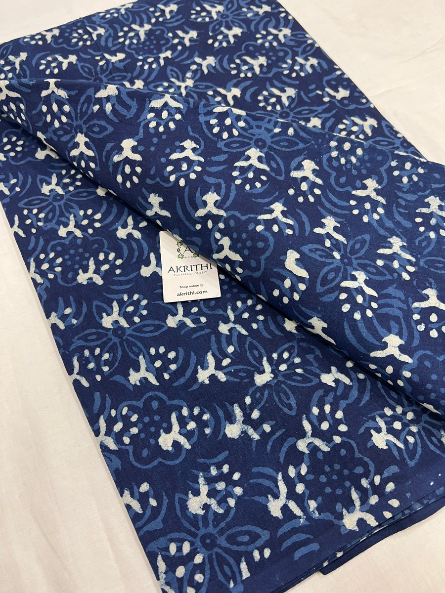 Indigo hand block printed pure cotton fabric