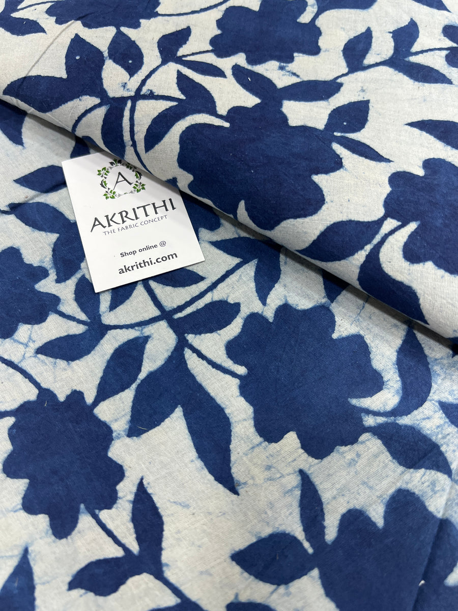 Indigo hand block printed pure cotton fabric