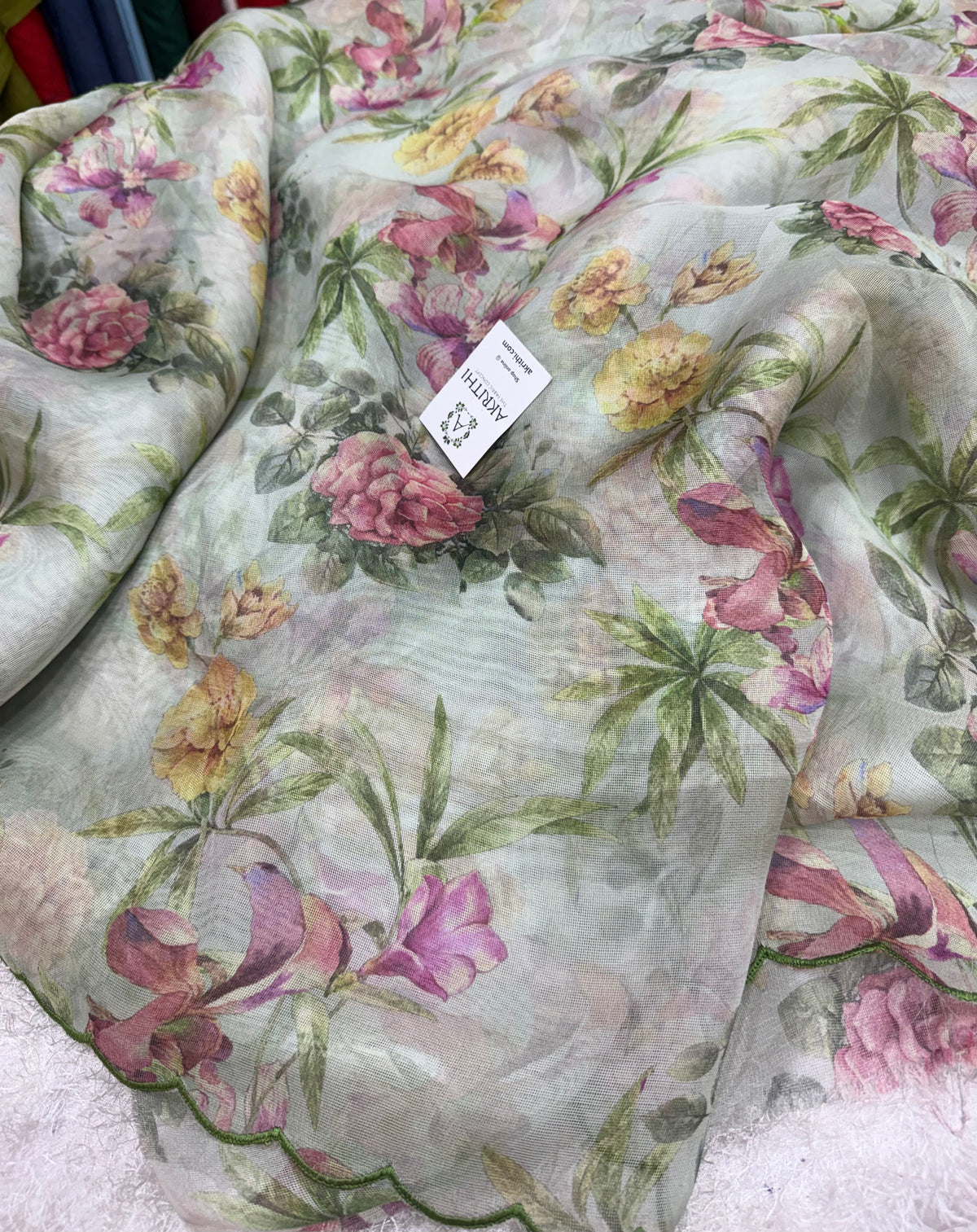Printed viscose jute saree with scallop