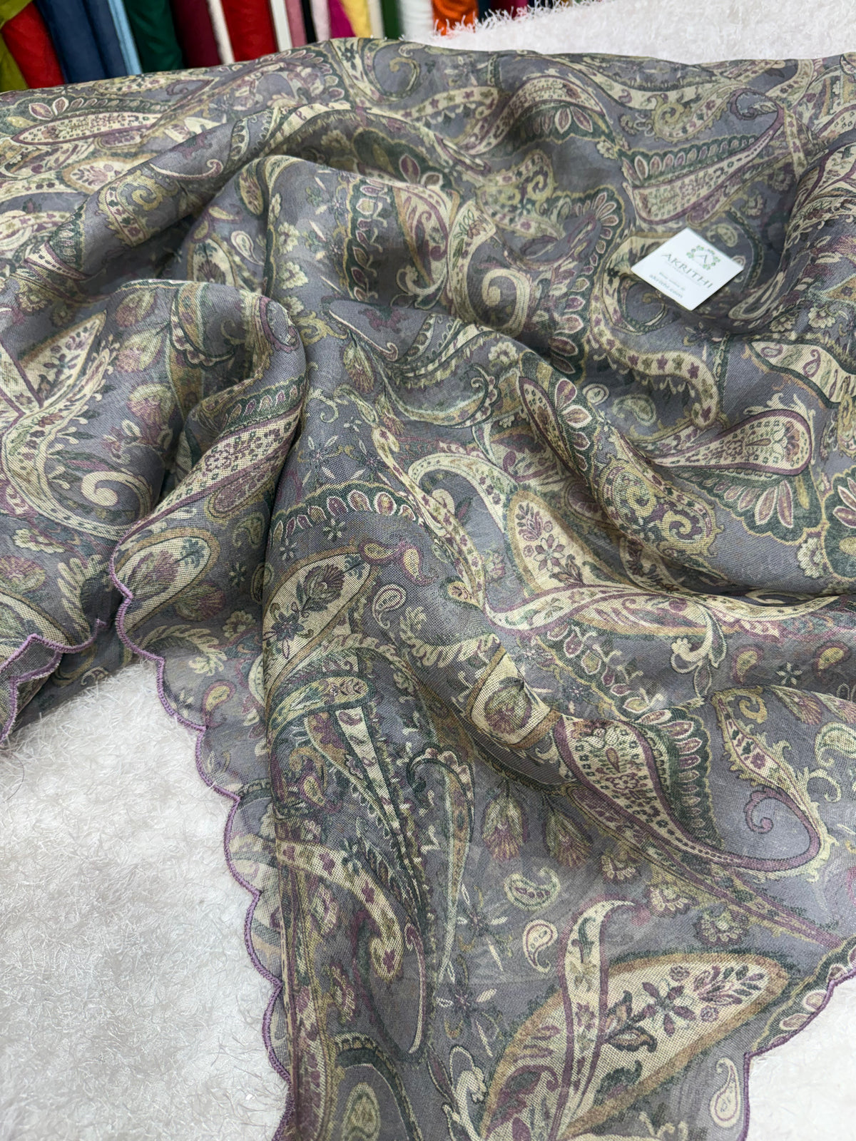 Printed viscose jute saree with scallop