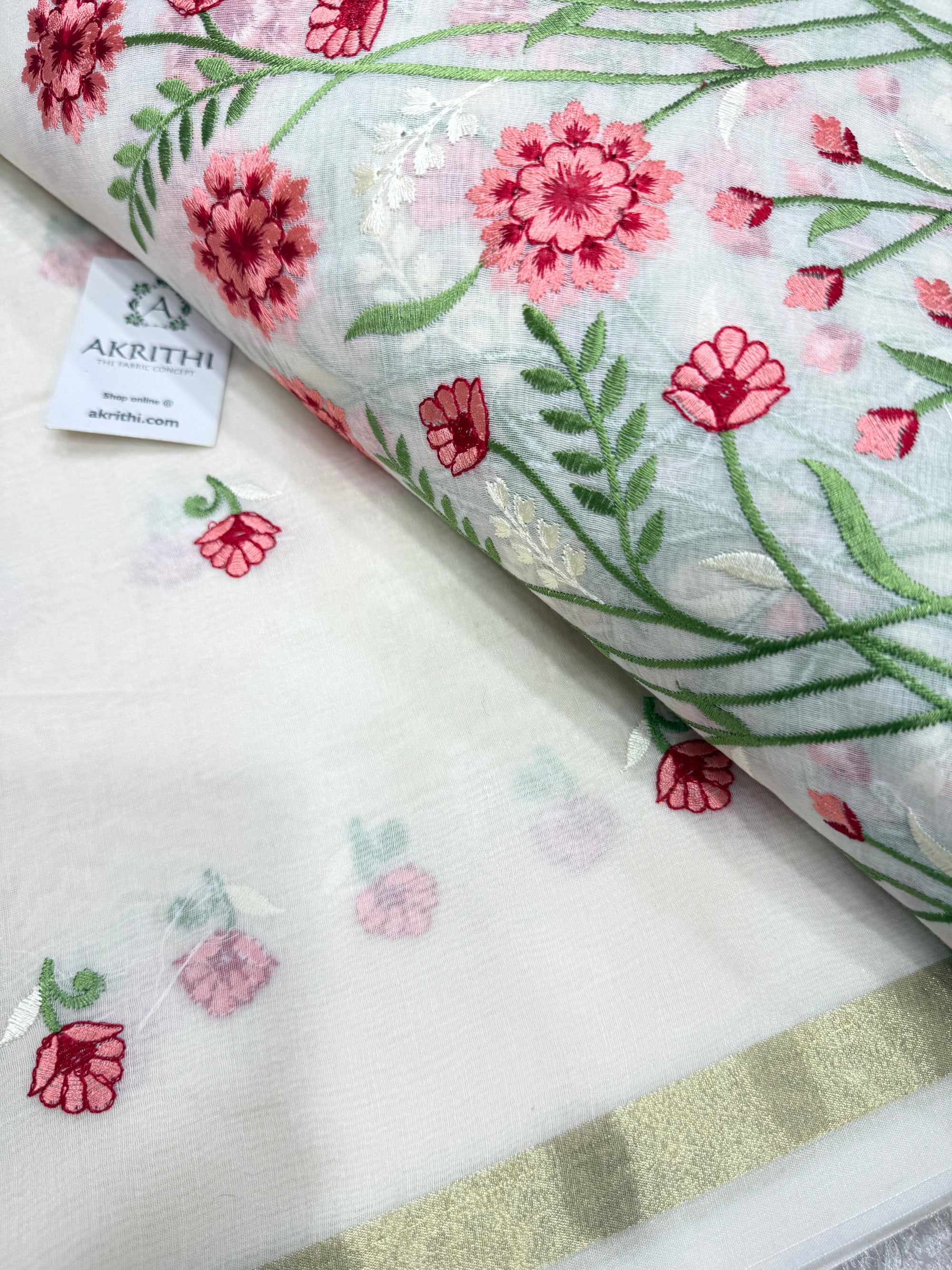 PURE MUL CHANDERI EMBROIDERED FABRIC