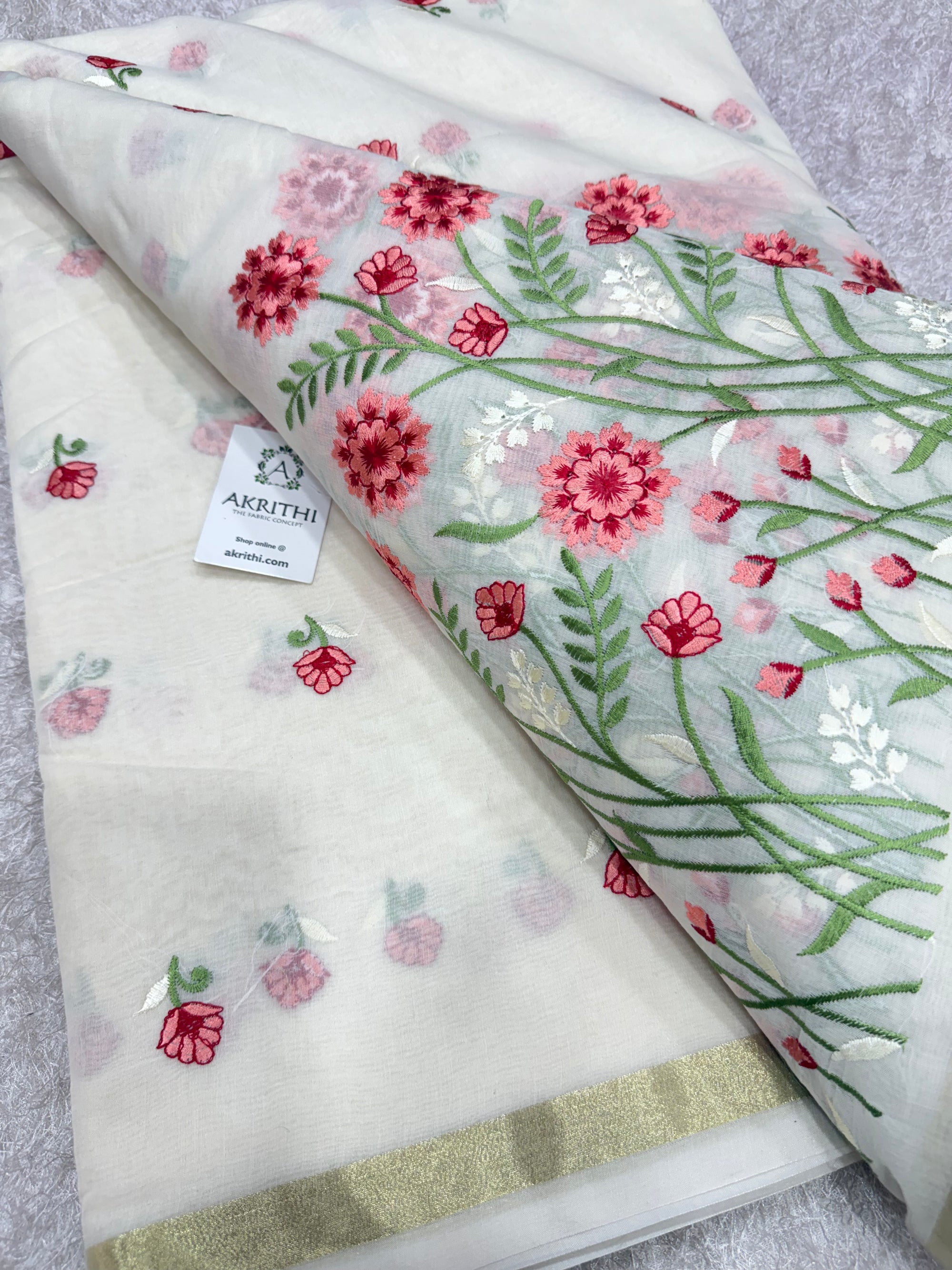 PURE MUL CHANDERI EMBROIDERED FABRIC