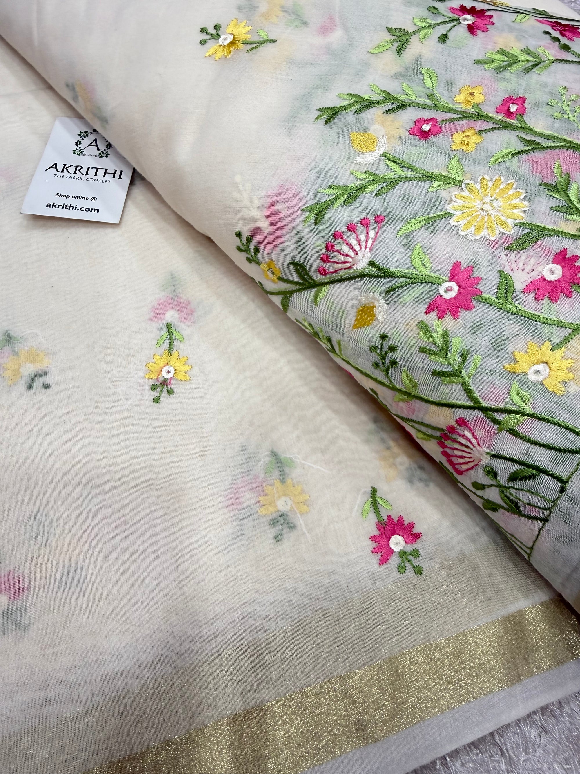 PURE MUL CHANDERI EMBROIDERED FABRIC