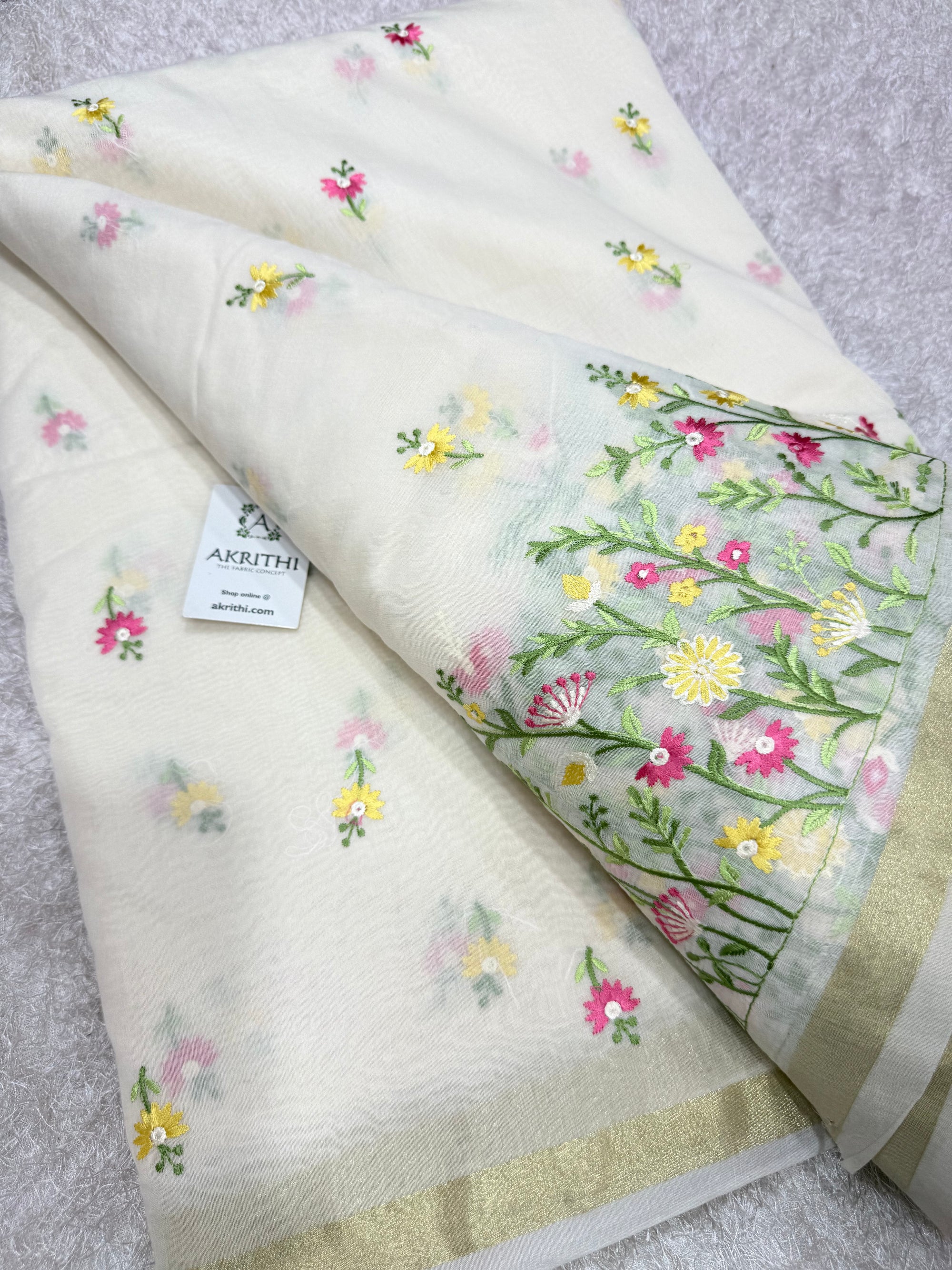 PURE MUL CHANDERI EMBROIDERED FABRIC